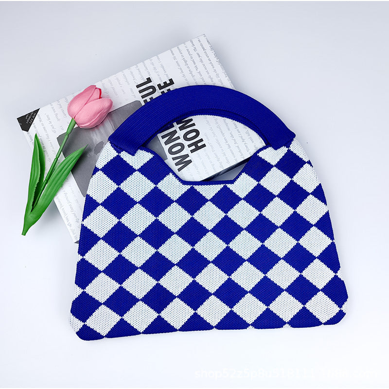 Wholesale Small solid color diamond woven bag, waffle texture knitted bag, checkerboard shoulder bag
