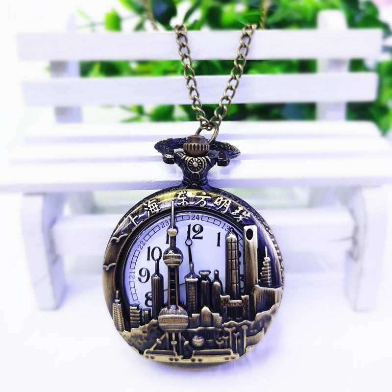 Wholesale 5pcs Flip back retro scenic spot commemorative pocket watch