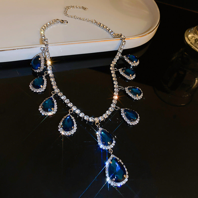 Wholesale Silver Needle Teardrop Diamond Sapphire Blue Earrings and Necklace Set