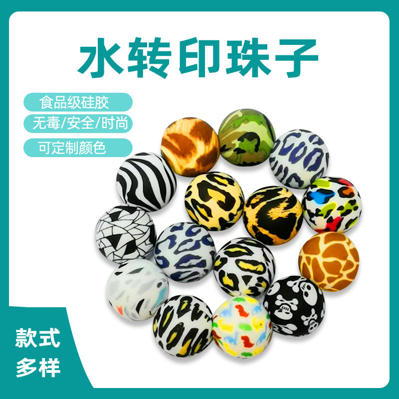 Wholesale 50pcs 16mm Print Silicone Beads Colorful Silicone Water Transfer Beads