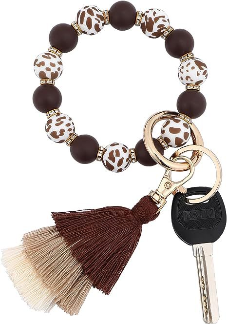 Wholesale Cow Print Leopard Print Tassel Silicone Beaded Wrist Keychain