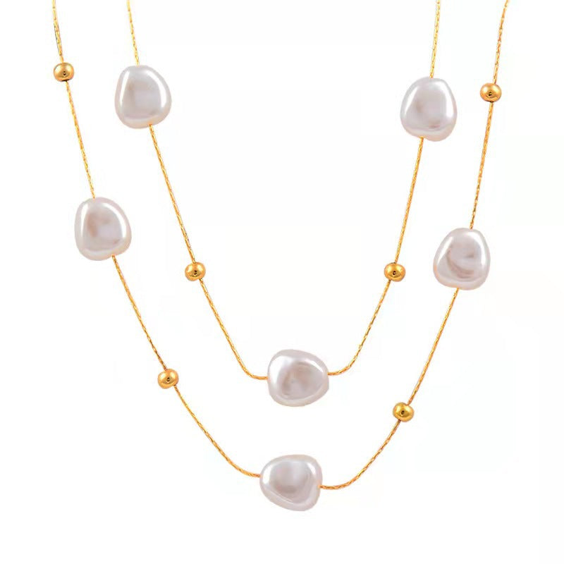 Wholesale Vintage Baroque Pearl Double Layer Clavicle Titanium Steel Necklace