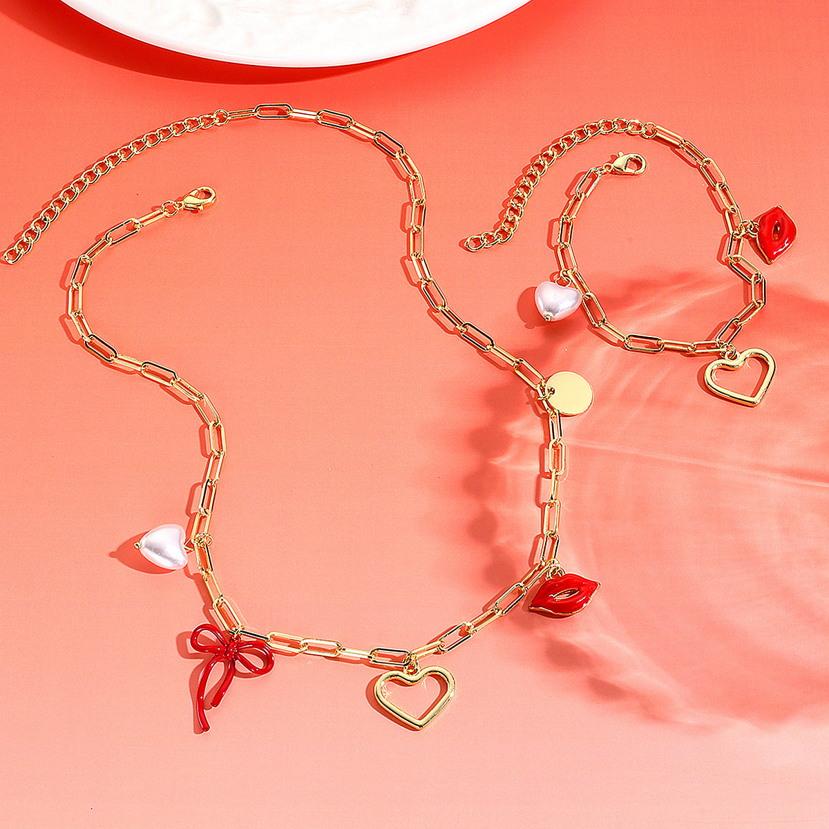 Wholesale Red Rose Zinc Alloy Bracelet and Necklace Valentine' s Day Jewelry Set