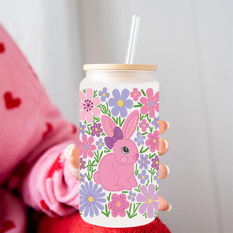Wholesale Pink Cartoon Easter Bunny 16oz Cup UV DTF Wraps