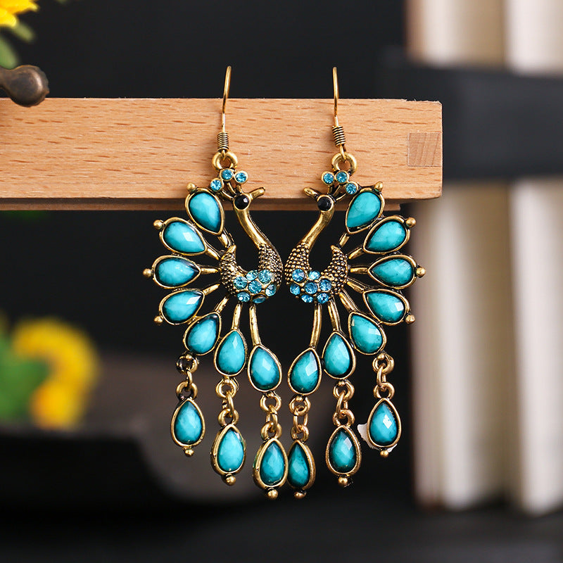 Wholesale Creative Retro Ethnic Style Fashion Bohemian Colored Resin Gemstone Peacock Earrings