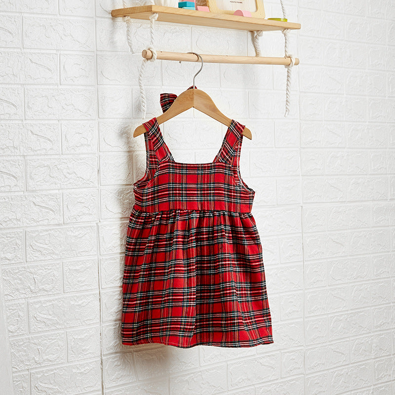 Wholesale Stylish Checkered Print Girls Princess Dress With Bow Headband Korean Style Sleeveless Backless Cotton Blend Party Dress For Gift Resale