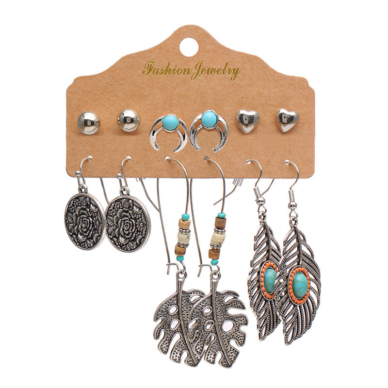 Wholesale Gem Hollow Half-circle Leaf Feather Vintage Earrings 6 Pairs Set