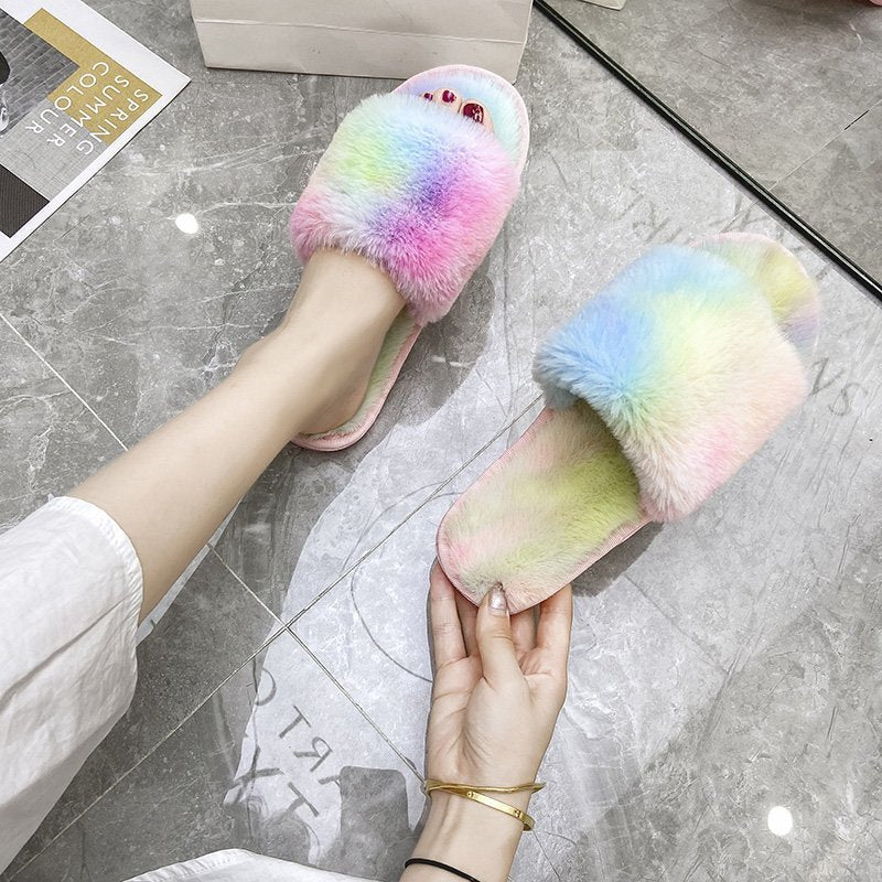 Wholesale Rubber Plush One Word Thin Sole Flat Heel Slippers