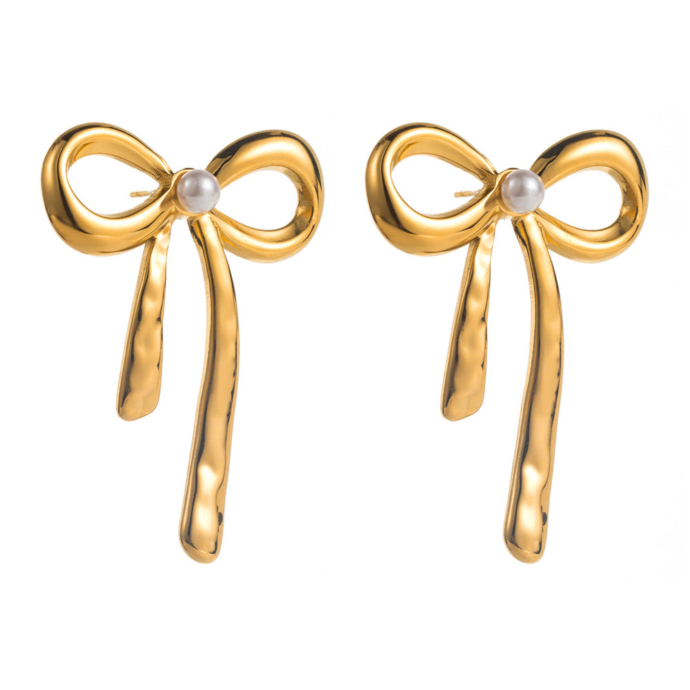 Wholesale Stylish Simple Personality Pleated Texture Flower Titanium Steel Geometric Inlay Pearl Design Sense Earrings