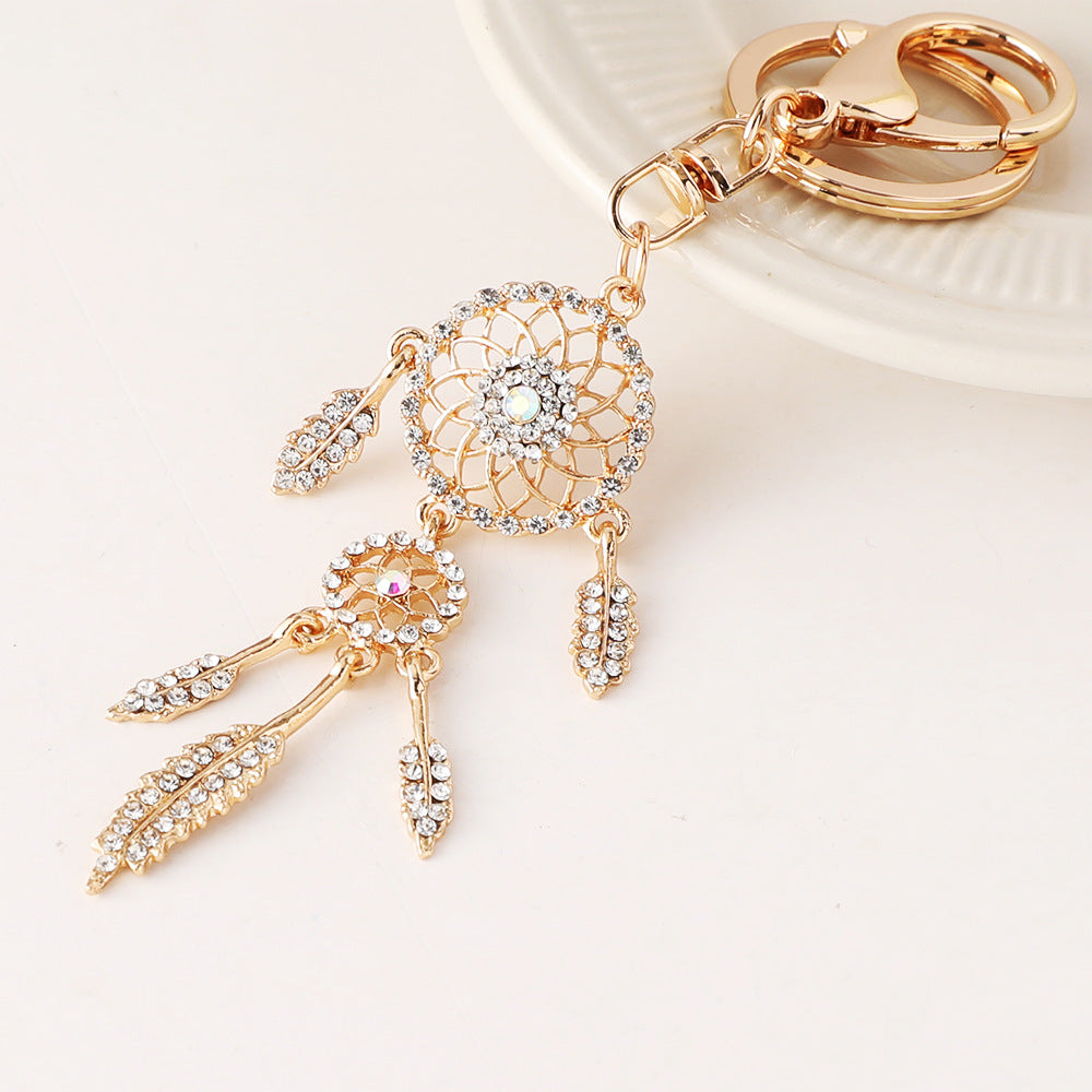 Wholesale Rose gold rhinestone tassel feather dreamcatcher design keychain