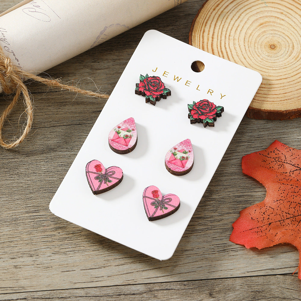 Wholesale Valentine's Day Rose Love Wooden Earpiece Set