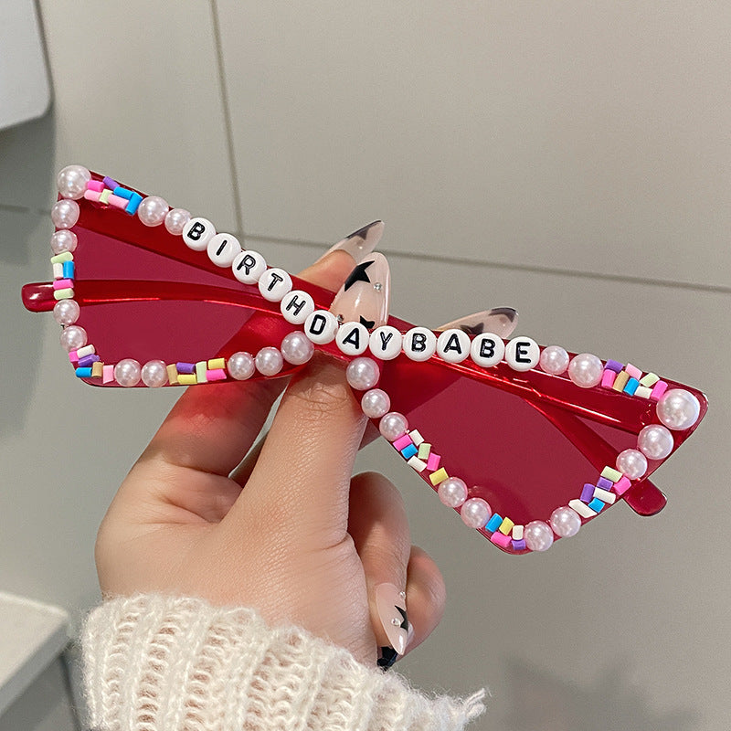 Wholesale Full Diamond Bow Colored Small Frame Birthday Letter Sunglasses