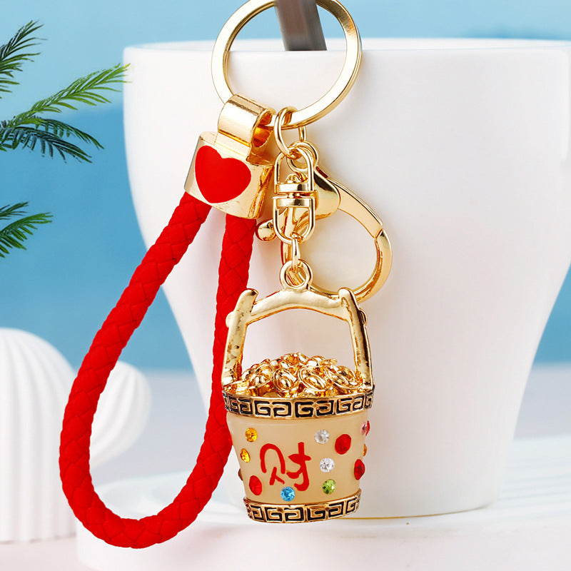 Wholesale Chinese Style Fortune Bucket Keychain Red Zinc Alloy Cornucopia Car Key Ring Decorative Bag Charm Gift
