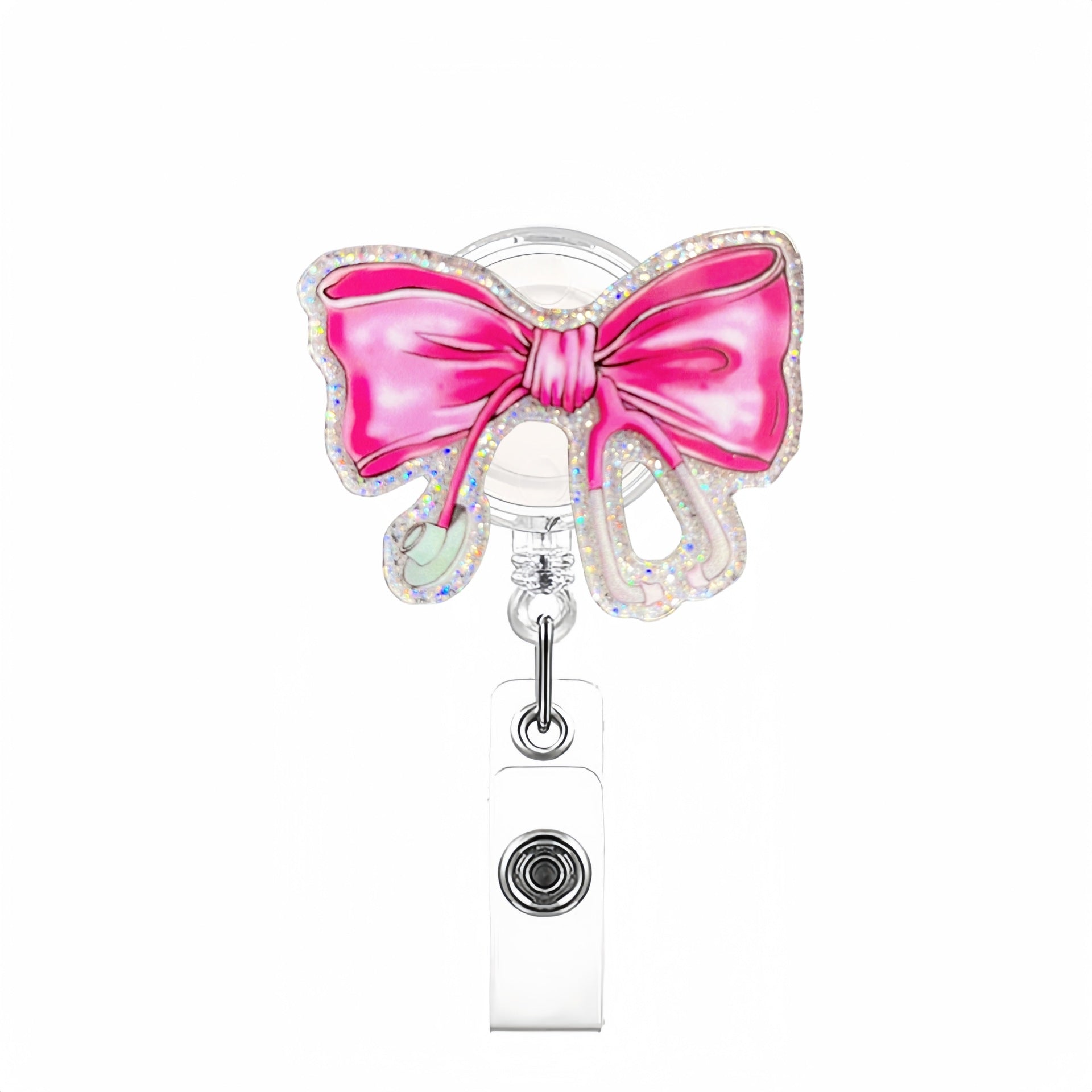 Wholesale  glitter acrylic pink bow staff doctor nurse medical student retractable chest card holder easy pull buckle