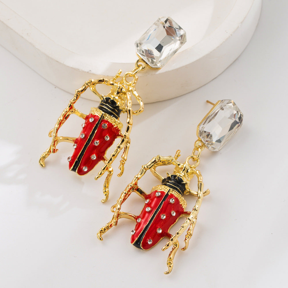 Wholesale Alloy Oil-Drop Inlaid Diamond Insect Earrings Red Green White Beetle Earrings