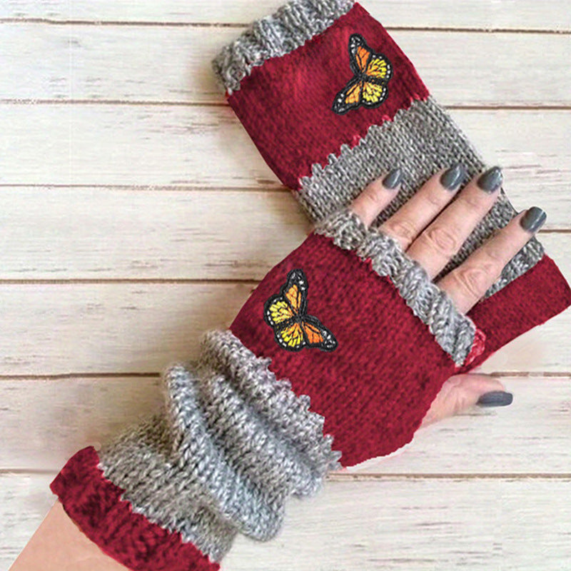 Wholesale Stitched Half Finger Butterfly Embroidered Warm Gloves