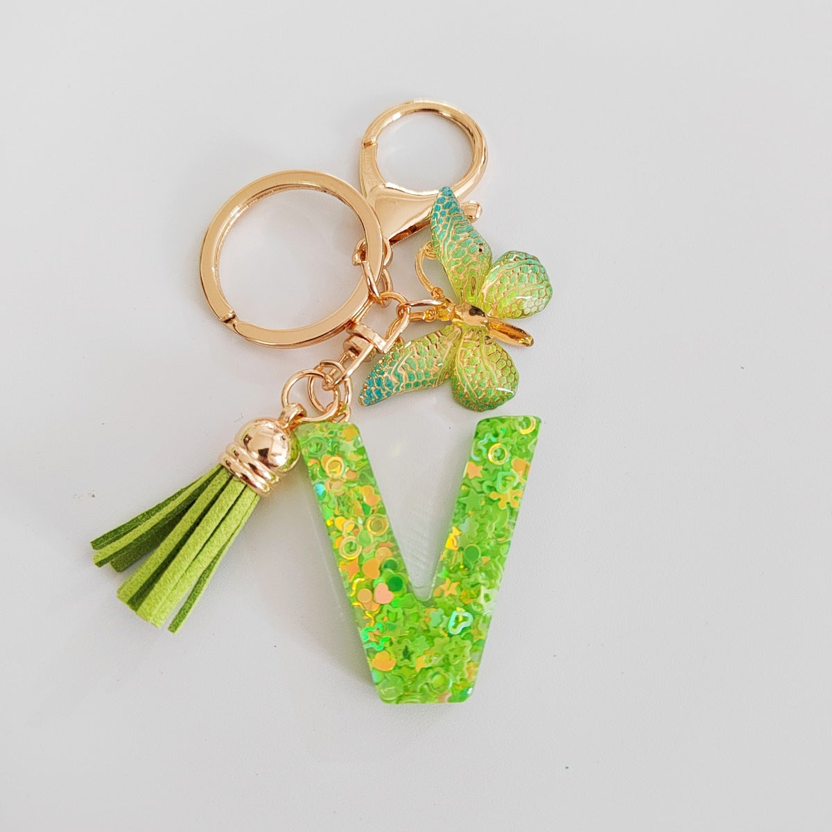 Wholesale 26 English Alphabet Keychain Pendant Green Star Glitter Resin Pendant  Key Chain