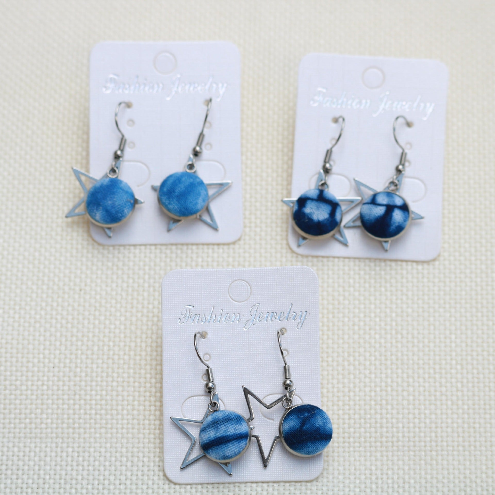 Wholesale Ethnic Style Earrings Tie-Dye Blue Dye Batik Hand-Woven Fabric Buckle Earrings Earrings