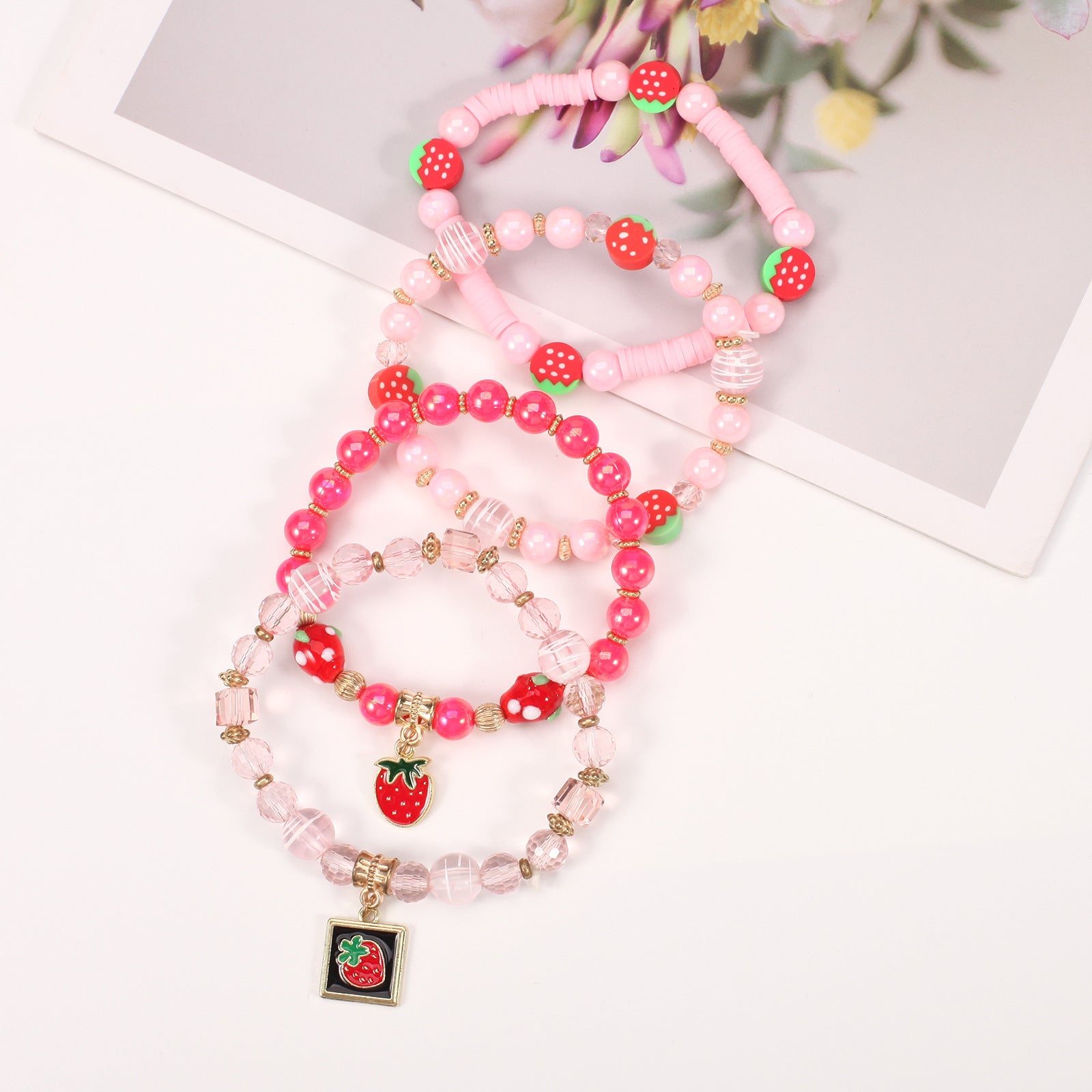 Wholesale Cartoon Cute Fruit Strawberry Pendant Glass Beaded Multi-layer Elastic Bracelet