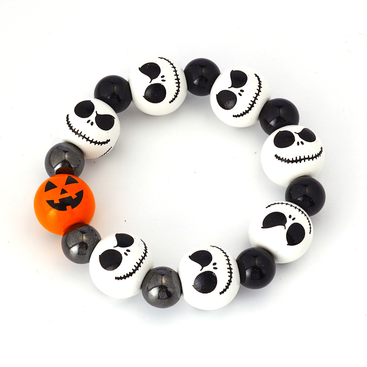 Wholesale Halloween Bracelet Beaded Pumpkin Head Skull Ghost Beads 16mm Wooden Beads Black Stone Bracelets