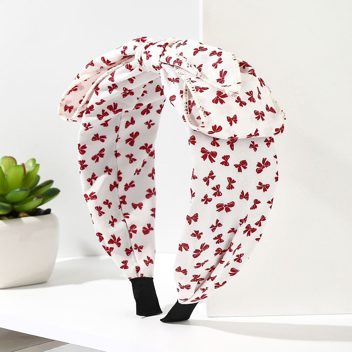 Wholesale Fabric red striped plaid solid color cherry heart wide brim bow headband