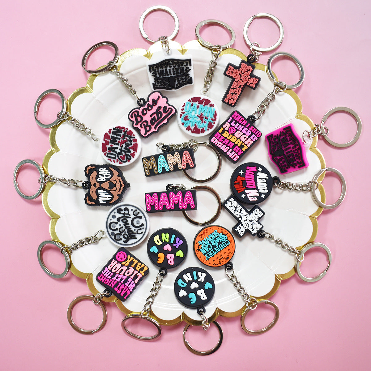 Wholesale Random 100pcs PVC Soft Rubber Focus Beads Zinc Alloy Keychains