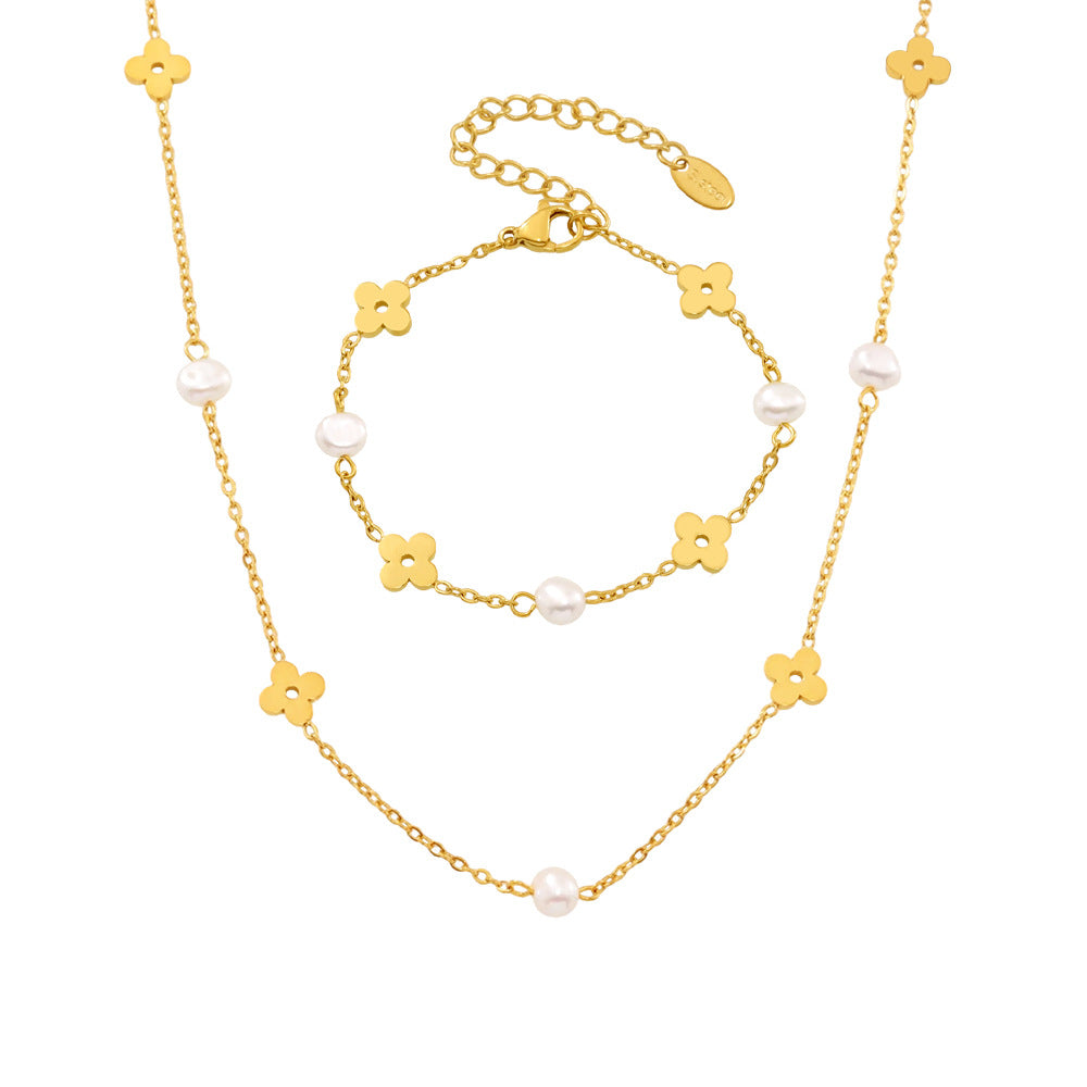 Wholesale 18K real gold freshwater pearl flower chain necklace i bracelet stainless steel set