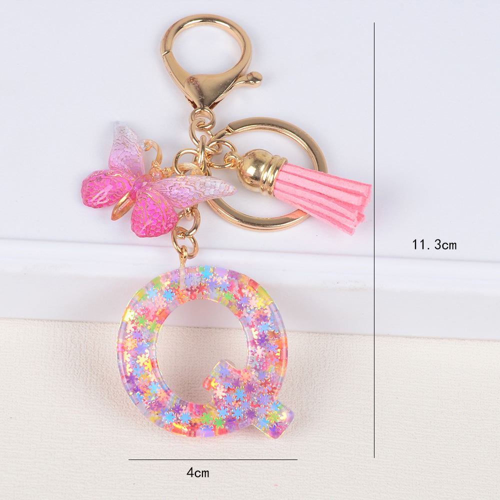 卸売スパンコールスノーフレークレター樹脂キーホルダー