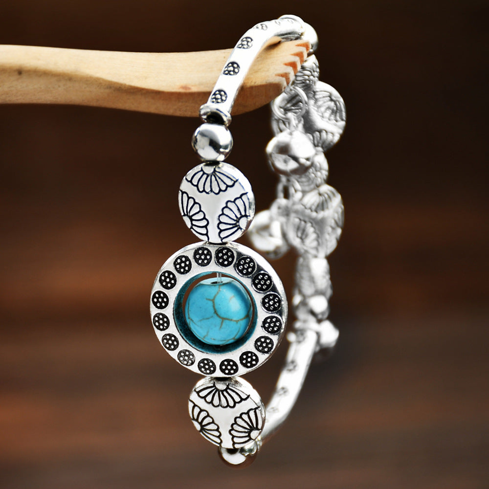 Wholesale Nepalese ethnic style Tibetan silver bell bracelet niche vintage turquoise bracelet