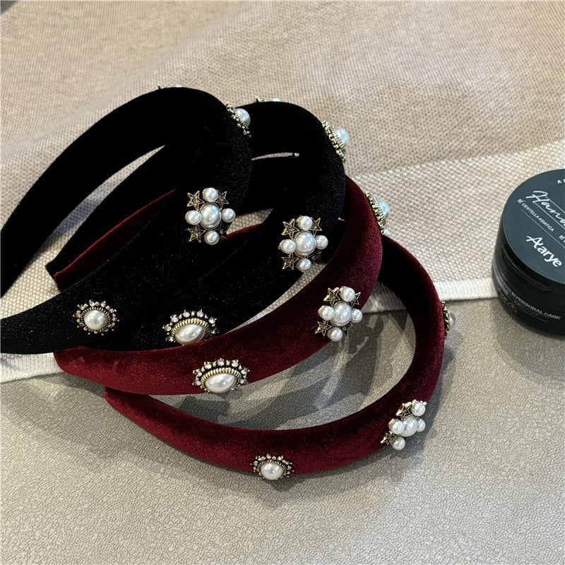 Wholesale Retro court style Baroque pearl headband French wide-rim high skull headband