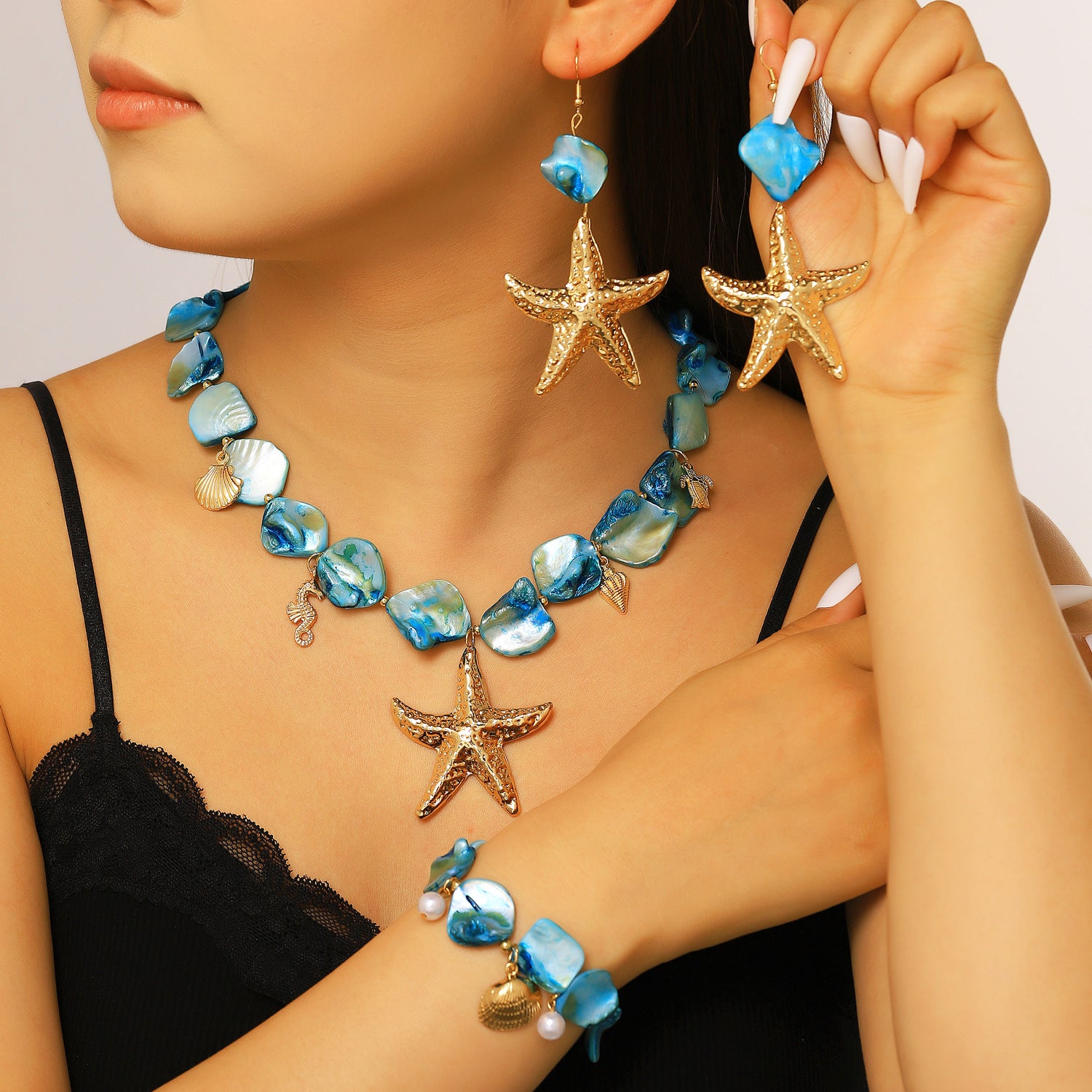 Wholesale Shell Starfish Jewelry Set Irregular Gold Tone Necklace Bracelet Earrings Women S Vacation Beach Chic Accessory