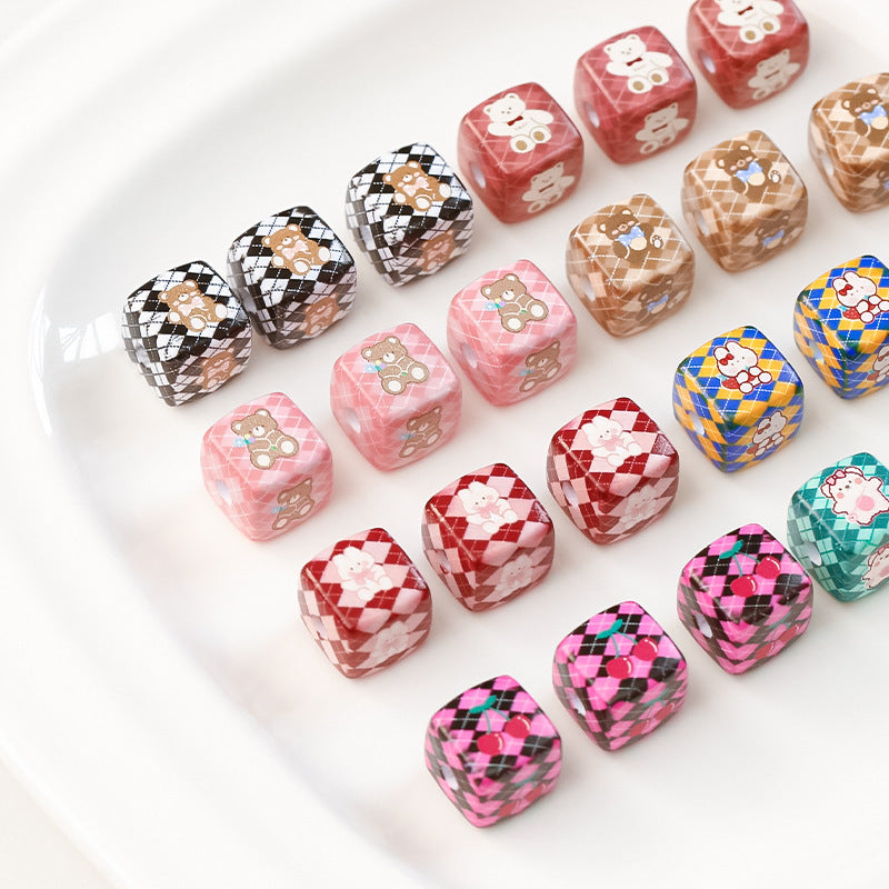 Wholesale 5pcs/pack 14mm Acrylic Cute Cherry Bear Rabbit Square String Beads