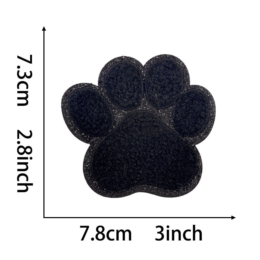 Wholesale Dog Paw Glitter Chenille Embroidered Patch Heat Activated DIY Applique For Shoes Hats And Pet Decor