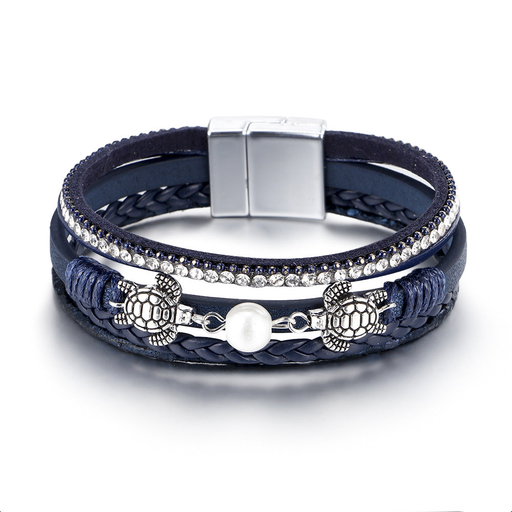 Wholesale Ethnic Style Pearl Turtle Magnetic Buckle Multi-layer PU Leather Woven Bracelet