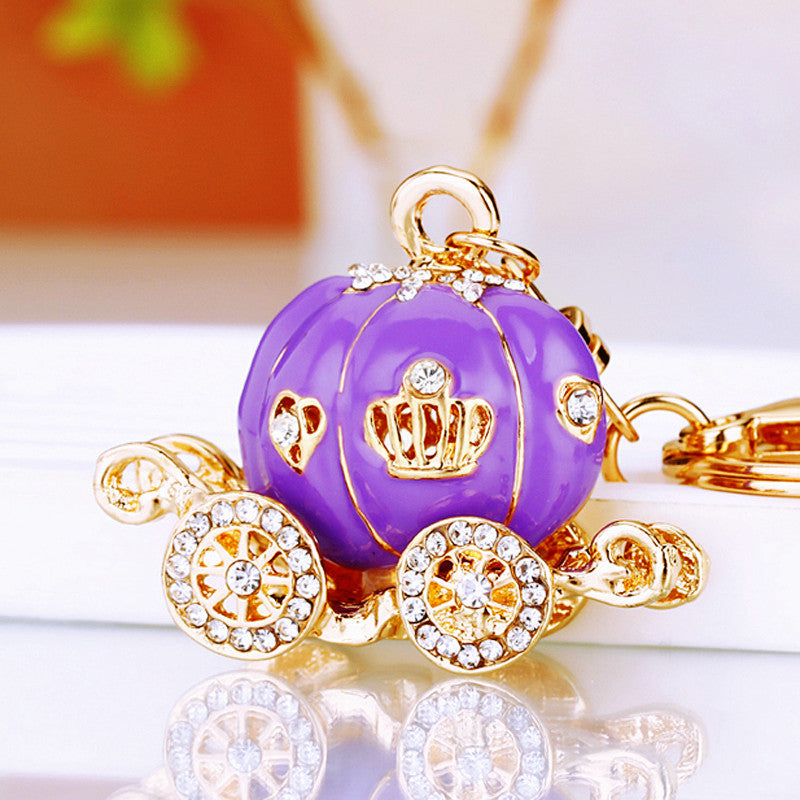 Wholesale Metal Rhinestone Pumpkin Carriage Keychain Bag Charm Pink Car Key Accessory Decorative Gift