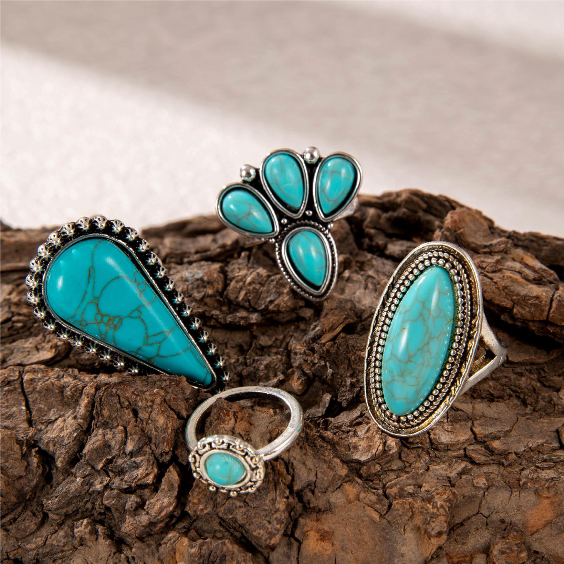 Wholesale Ethnic Style Retro Petal Set Turquoise Ring Geometric Joint Ring Four-piece Set