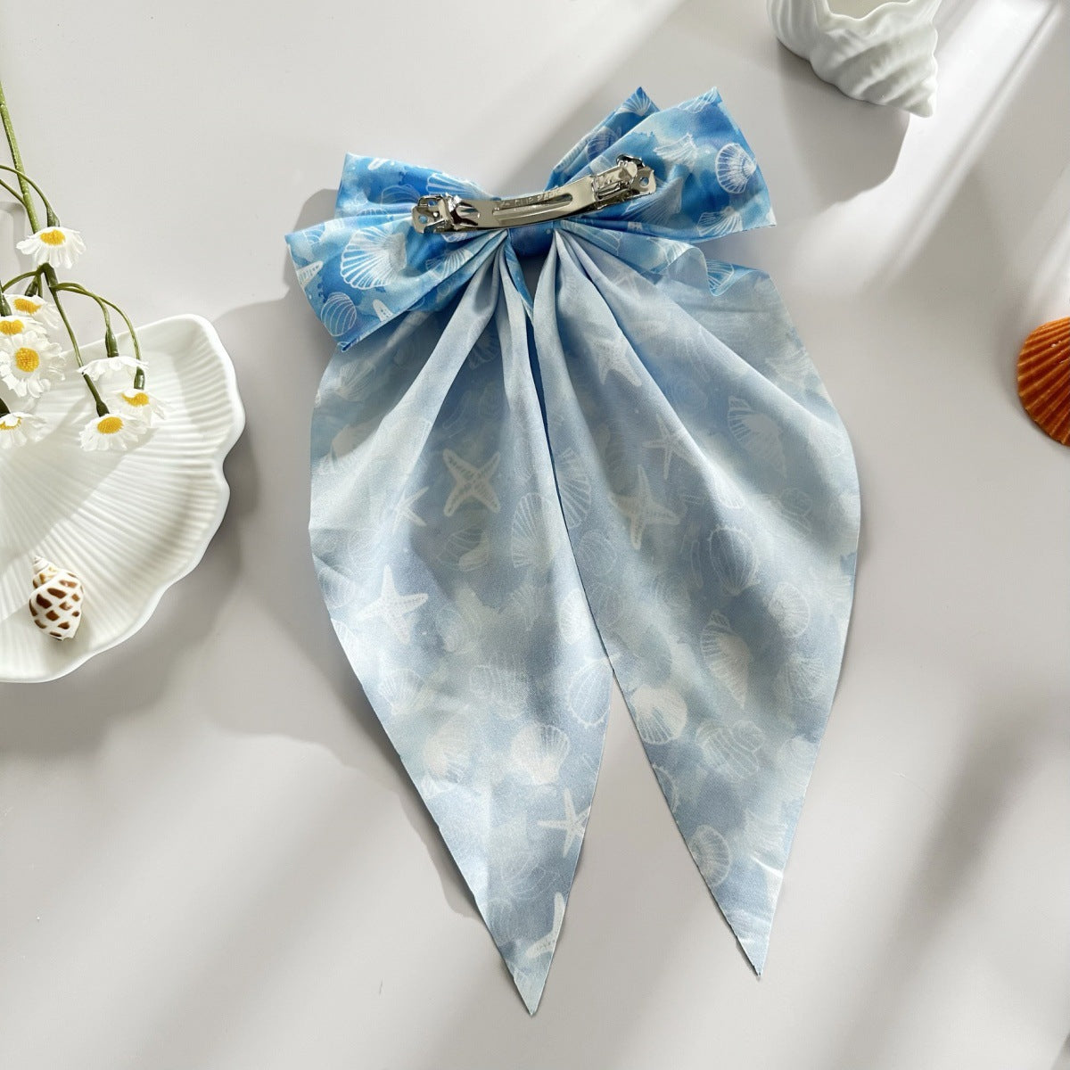 Wholesale Summer beach hair clip with starfish and seashell print  long ribbon bow