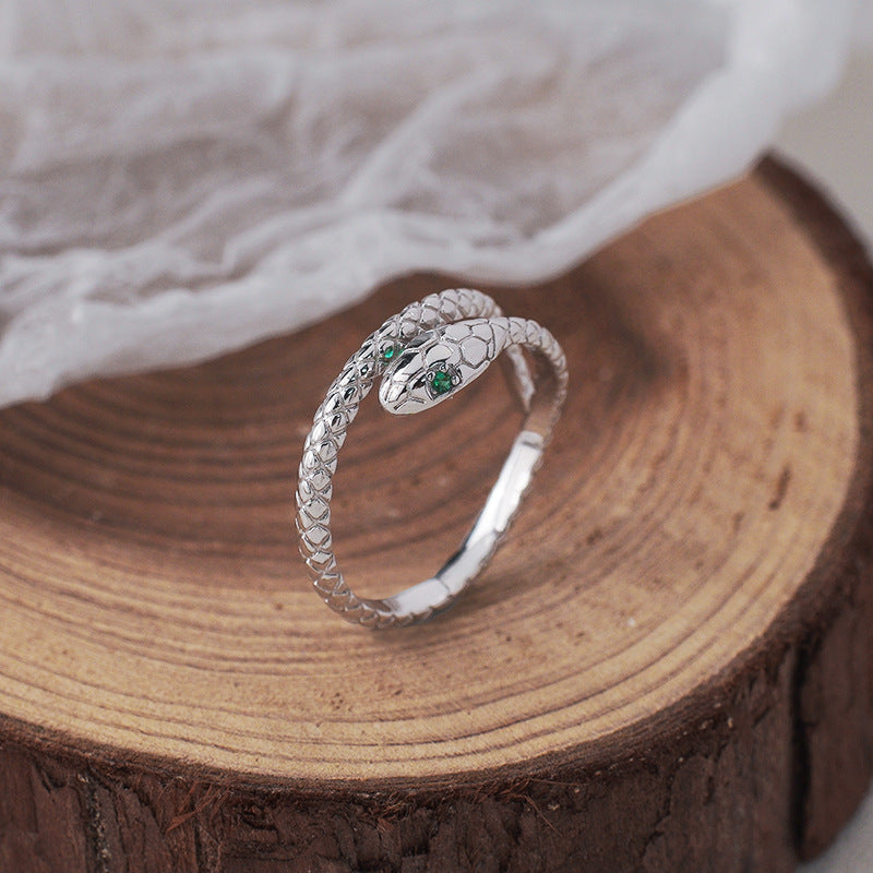 Wholesale S925 Sterling Silver Green Eye Snake Zodiac Snake Ring for Men and Women National Fashion Ethnic Style Personalized Creative All-match Open Ring