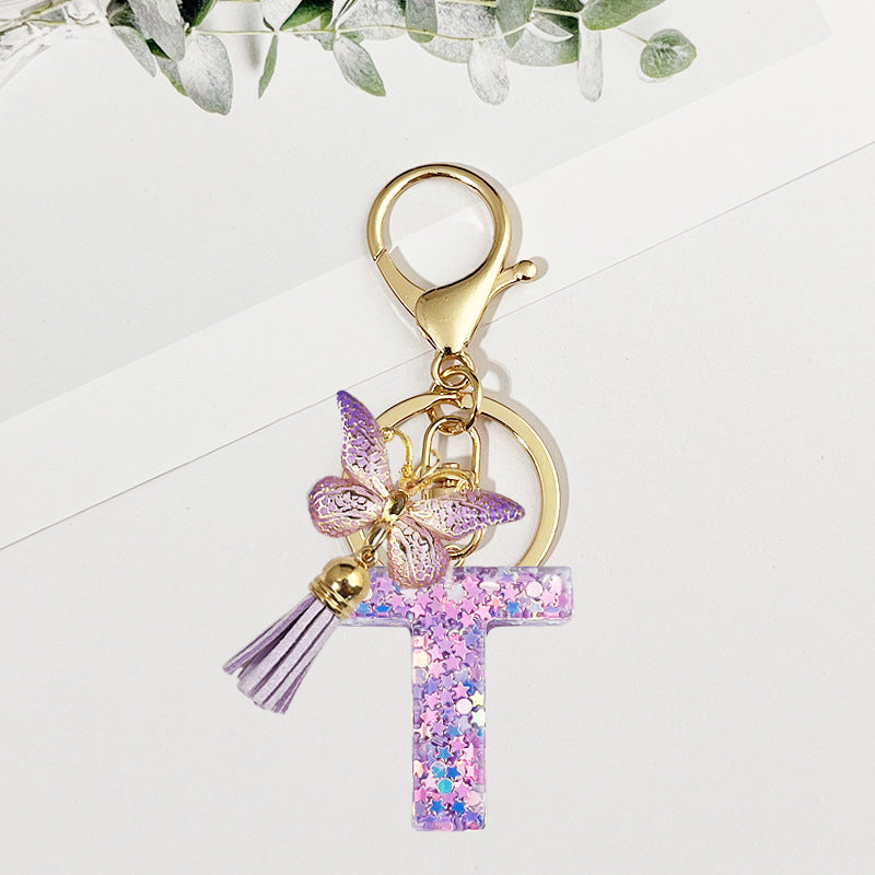 Wholesale Pink sequined butterfly 26 letter Sequin Keychain