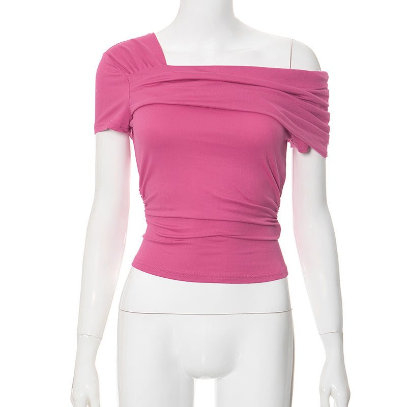 Wholesale Polyester Solid Color Single Shoulder Short Sleeved Open Back Pleated Top T-shirt