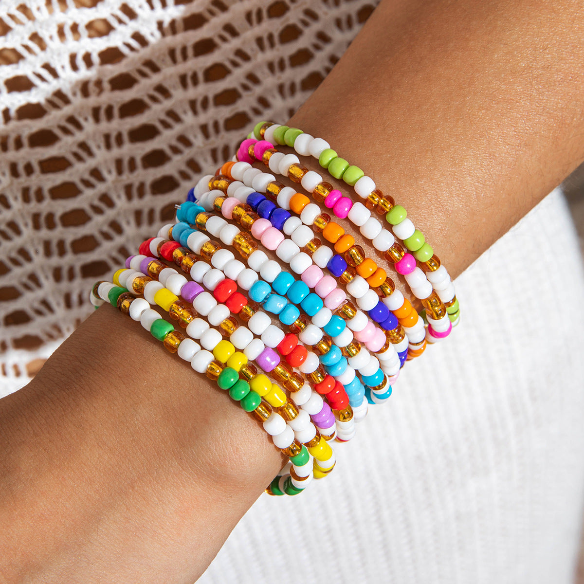 Wholesale Bohemian Rice Bead Multi-Layered Elastic Bracelet Set