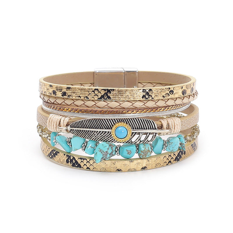 Wholesale Bohemian Feather Leather Turquoise Magnet Clasp Bracelet
