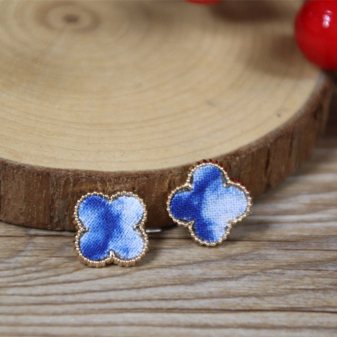 Wholesale Blue Dyed Tie-dye Retro Ethnic Literary Plant Fabric Earrings S925 Silver