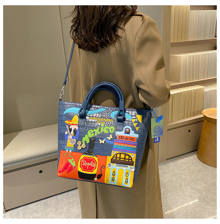 Bordado de tema mexicano de PU al por mayor Bordado de gran capacidad Bolso de hombro casual