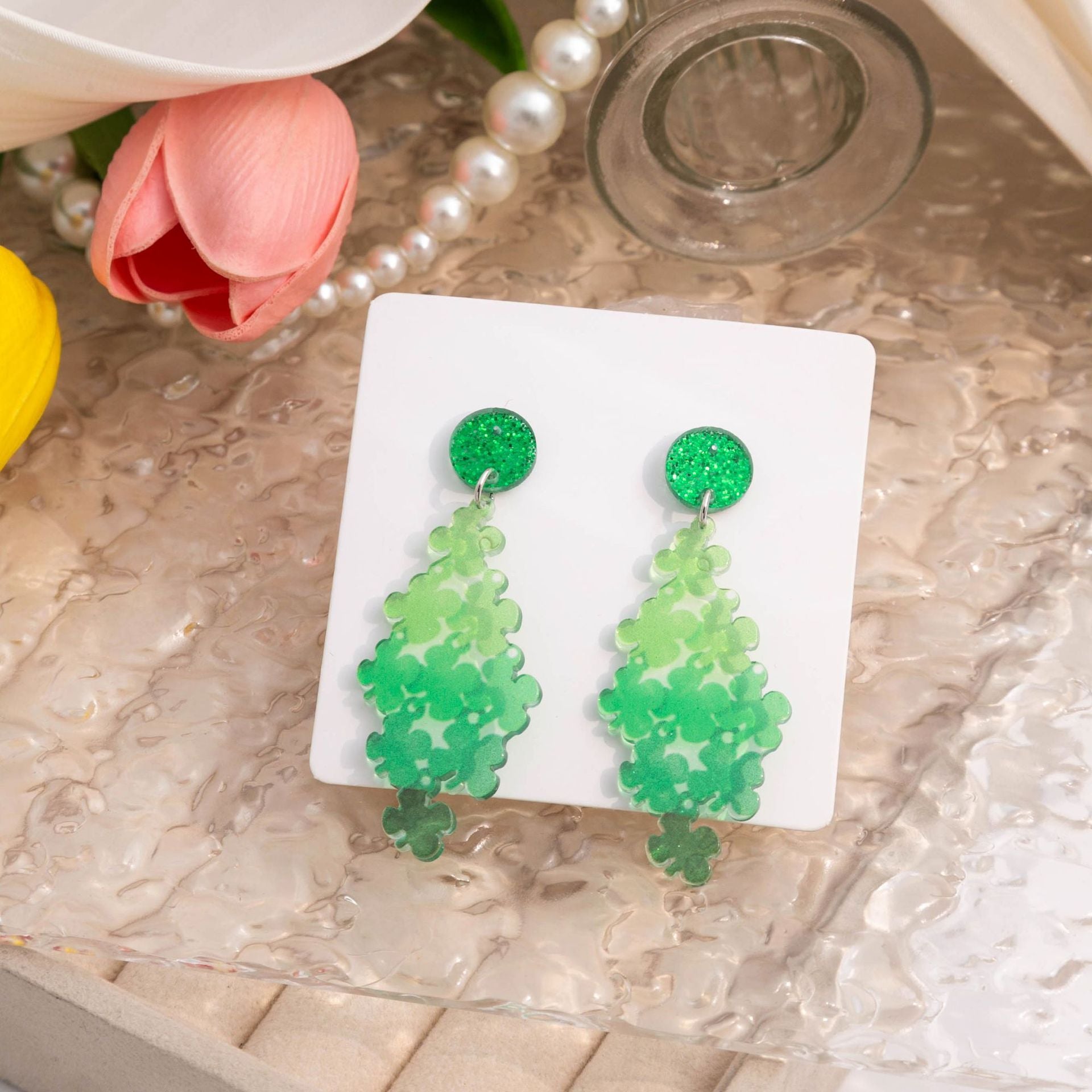 Wholesale St. Patrick's Day Four Leaf Clover Patchwork Acrylic Earrings