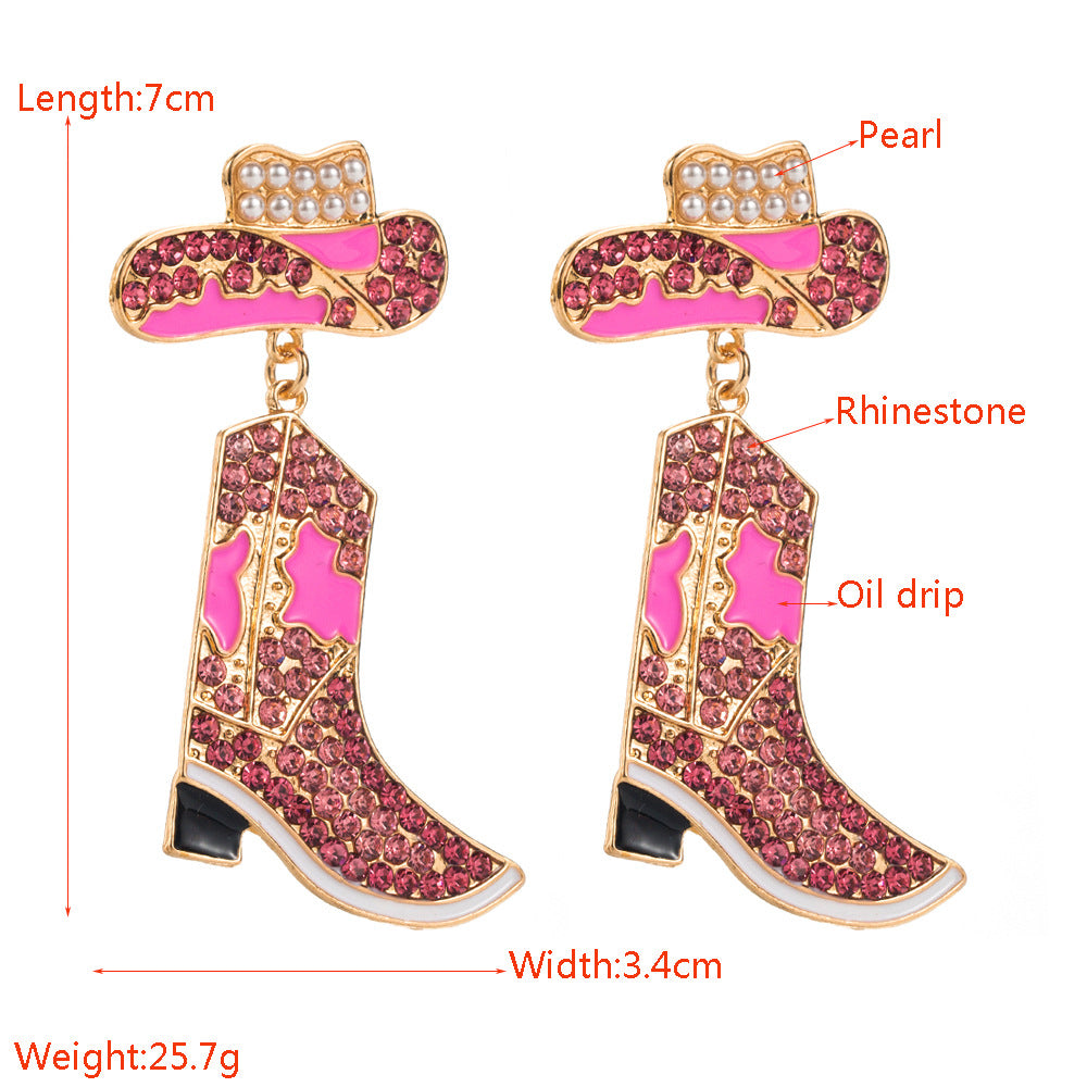Wholesale Western style diamond cowboy boots and exaggerated colored diamond earrings