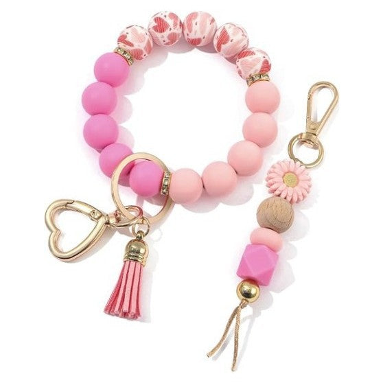 Wholesale 2 Pack Chic Silicone Bead Bracelet Keychain Set With Key Ring Handmade Fashion Accessory For Boutique Resale