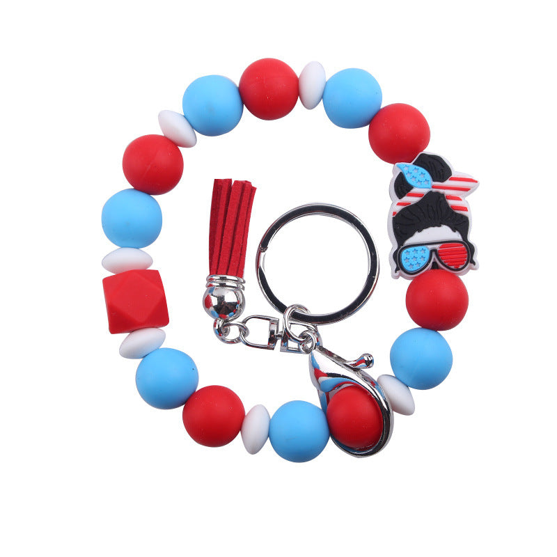 Wholesale Leather Tassel Independence Day Silicone Bead Bracelet Keychain