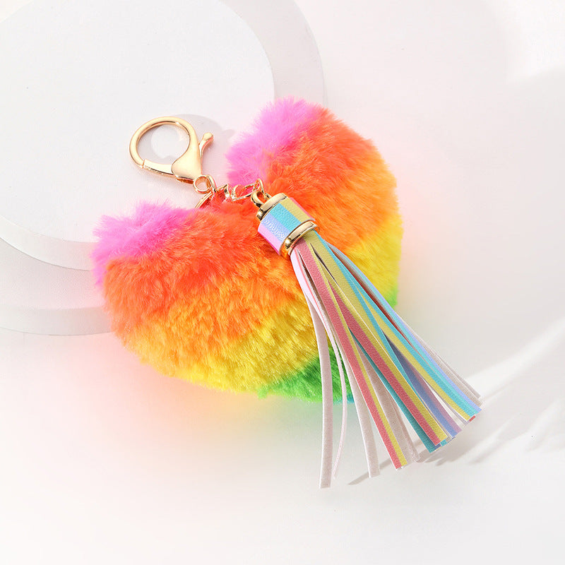Wholesale Metal Rainbow Heart Pom Keychain