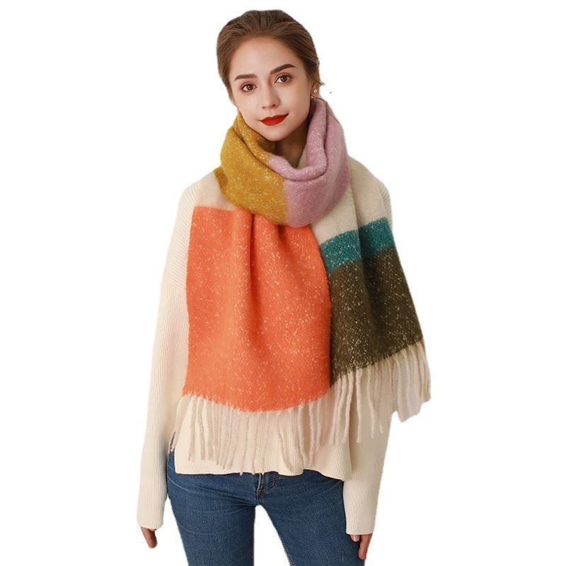 Wholesale New Contrast Striped Mohair Imitation Cashmere Thickened Tassel Scarf